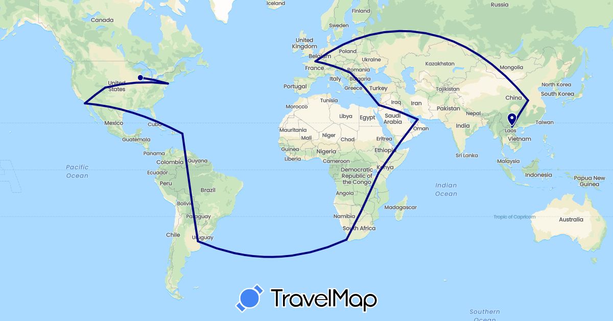 TravelMap itinerary: driving in United Arab Emirates, Argentina, Austria, China, France, Israel, Kenya, Mexico, Serbia, United States, Vietnam, South Africa (Africa, Asia, Europe, North America, South America)